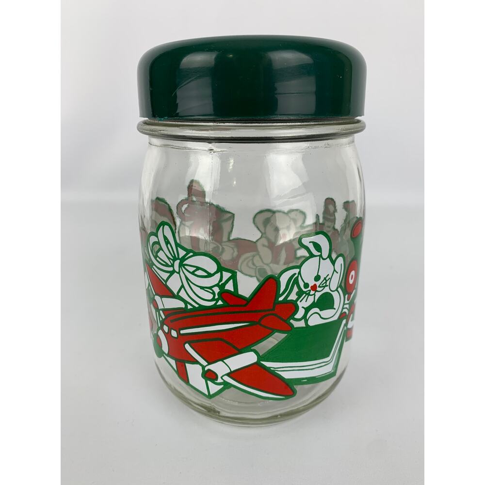 Vintage Christmas Glass Candy Cookie Crafting Jar Plastic Lid Green Red Holiday